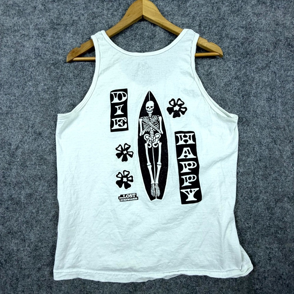 Lost Surfboards Tank Top Men Large White Cotton Skeleton Die Happy Surfing Print